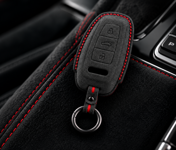 Czarne etui z Alcantary z czerwonym przeszyciem na kluczyku Audi Czarne etui z Alcantary z czerwonym przeszyciem na kluczyku Audi